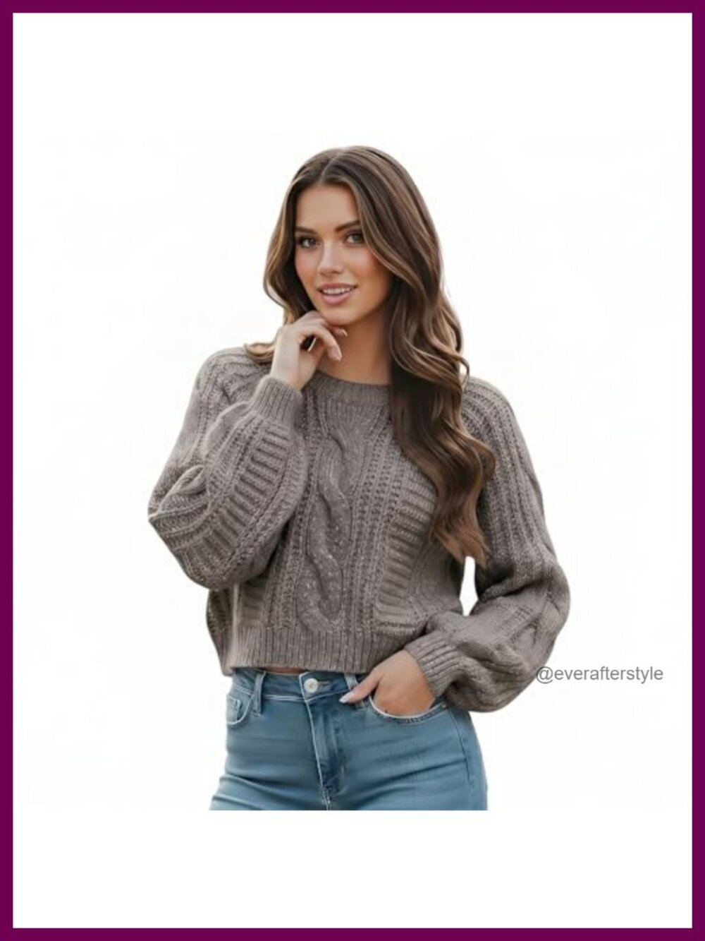 Cropped Cable Knit Sweater Long Sleeve Crew Neck Pullover